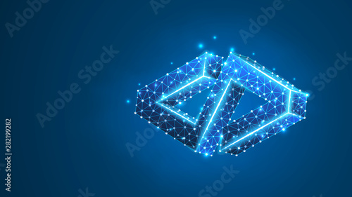 HTML code Bracket model. Coding technology, software programming concept. Abstract, digital, wireframe, low poly mesh, vector polygonal blue neon 3d illustration. Triangle, line, dot