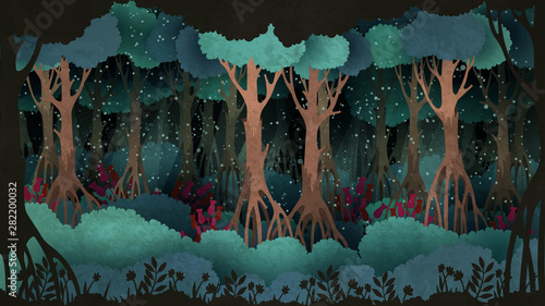 Fairytale forest background. Old trees surrounded by fireflies in the night.