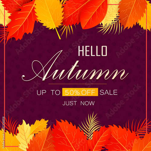 Autumn sale background layout decorate with leaves for shopping sale or promo poster and frame leaflet or web banner.Vector illustration template. Vector illustration EPS 10