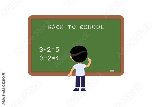 Schoolboy standing at blackboard flat vector illustration