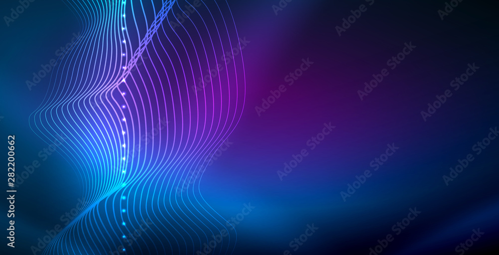 Glowing abstract wave on dark, shiny motion, magic space light. Vector techno abstract background Glowing abstract wave on dark, shiny motion, magic space light. Vector techno abstract background