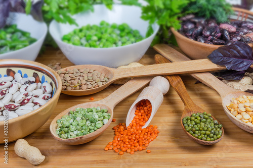 Various uncooked legumes in diffetent dishes and spoons close-up photo