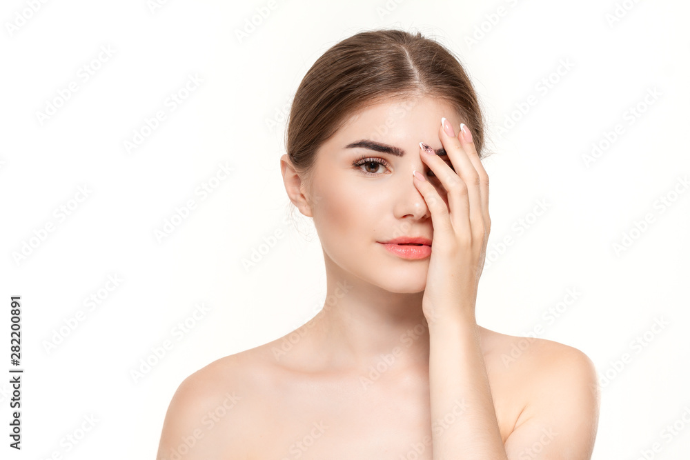 Close-up portrait of a beautiful young girl with holding hands near face isolated over white background. Close-up portrait of a beautiful young girl with holding hands near face isolated over white background.