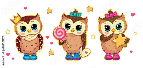 Set cartoon cute funny owls with star, candy, crown. Isolated children's cartoon fabulous illustration, suitable for print, sticker. Fairytale story. Card for family, friends. White background. Vector