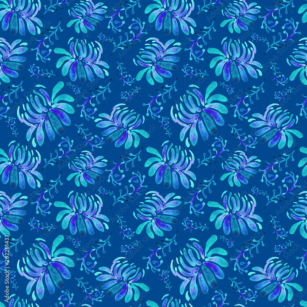 Seamless floral background in watercolor on blue background. Blue, purple, Texture in children's style for textiles, Wallpaper, packaging. Bright colorful flowers and herbs in a modern style.