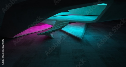 Abstract architectural concrete smooth interior of a minimalist house with color gradient neon lighting. 3D illustration and rendering.