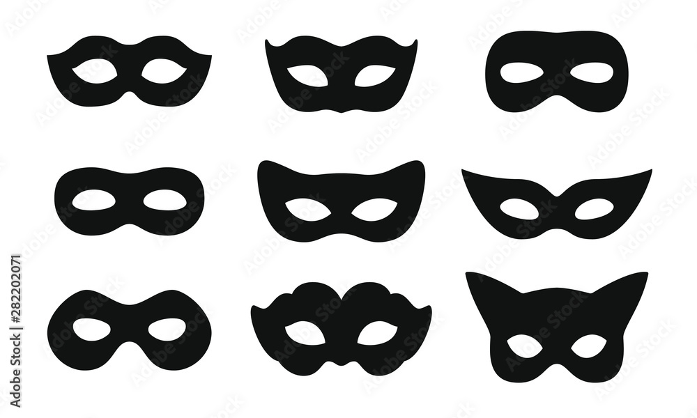 Black mask vector icon collection. Different masks silhouette isolated on white background