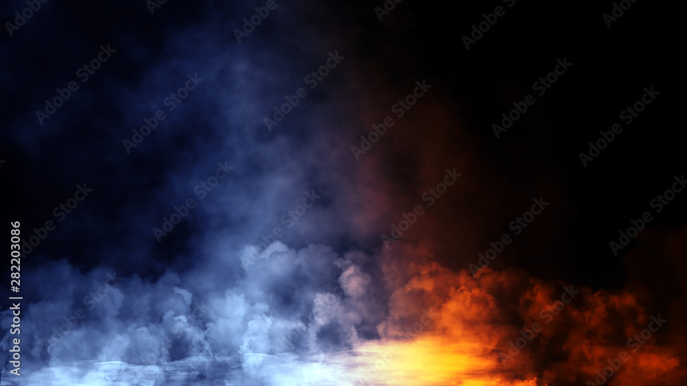 Blue orange gradient toned . Rolling billows of smoke mist clouds from dry ice across the bottom light . Fog on floor isolated background black texture .