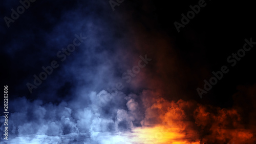 Blue orange gradient toned . Rolling billows of smoke mist clouds from dry ice across the bottom light . Fog on floor isolated background black texture .