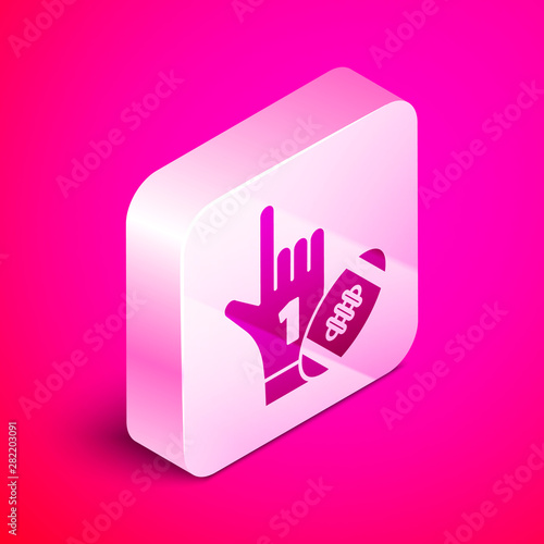 Isometric Number 1 one fan hand glove with finger raised and american football ball icon isolated on pink background. Set of sport equipment. Silver square button. Vector Illustration