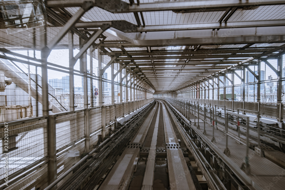 tunnel of monorail road view from front window of a moving train running tunnel of monorail road view from front window of a moving train running