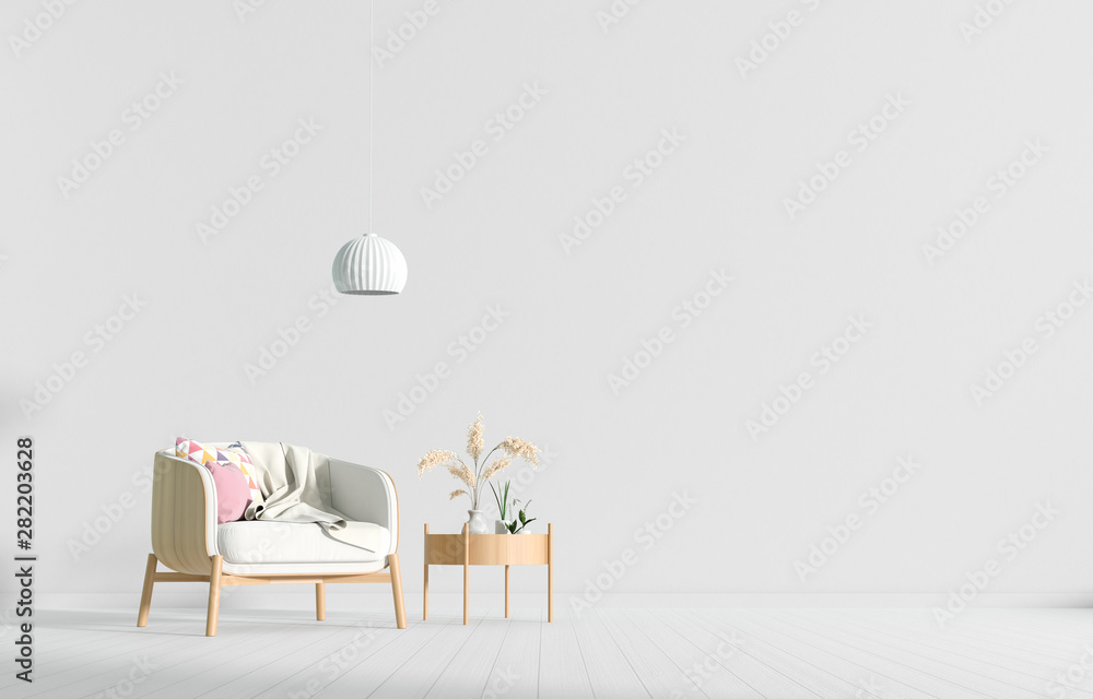 Empty wall in Scandinavian style interior with armchair. Minimalist interior design. 3D illustration. - obrazy, fototapety, plakaty 