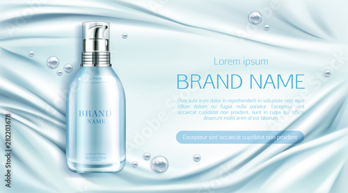 Cosmetic bottle with serum or lotion on silk folded fabric backdrop with pearls, mock up background, anti aging cosmetics, product in glass bottle, promo poster. Realistic vector illustration, banner
