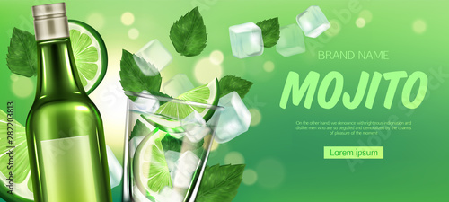 Mojito bottle and glass mock up banner, liquor with lime slices, ice cubes and mint leaves, alcohol drink blank flask on green blurred background, promo ad design. Realistic 3d vector illustration