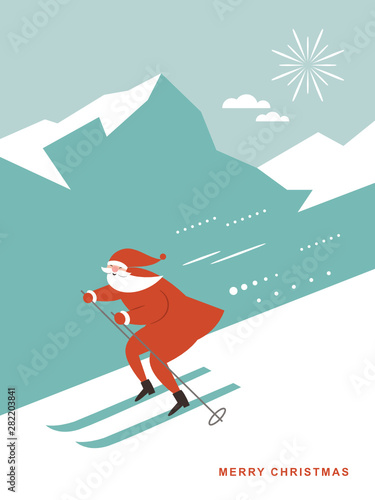 Santa skiing downhill in high mountains, greeting card, season greetings, poster, banner