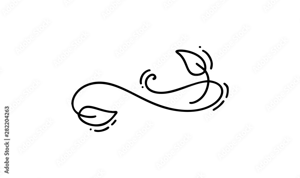Black monoline calligraphy scandinavian flourish vector element with leaf autumn. Divider or corner design for wedding and Valentines Day, birthday greeting card and web, eco logo Black monoline calligraphy scandinavian flourish vector element with leaf autumn. Divider or corner design for wedding and Valentines Day, birthday greeting card and web, eco logo