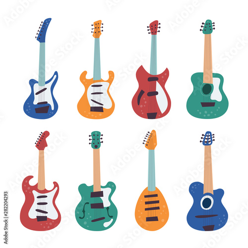 Guitar collection. Electric guitar, bass guitar, classical guitar. Set of vector illustrations in flat and cartoon style