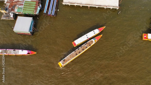 Aerial view of Passenger boat at the Chao Phraya River, bangkok thailand. © Punyawee