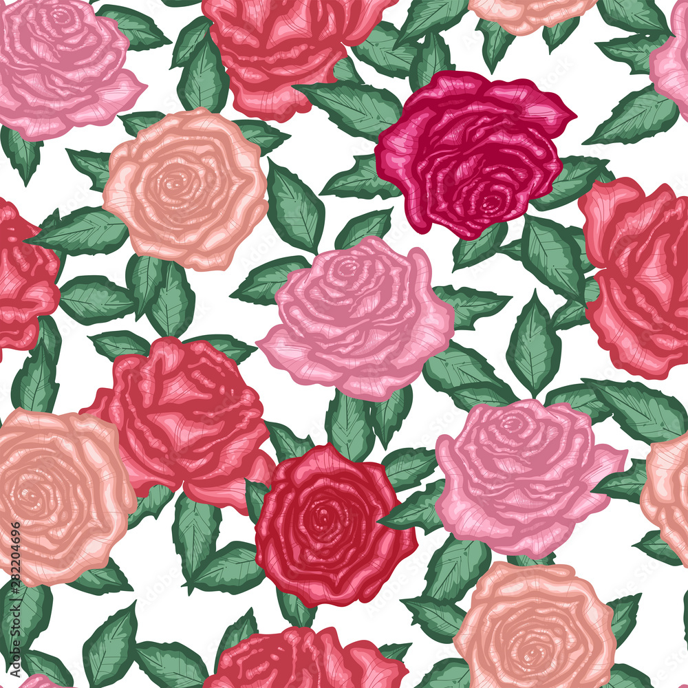 seamless pattern of hand drawn roses, vector seamless pattern of hand drawn roses, vector