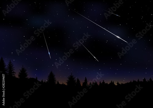 Vector illustration of Meteor Shower. Falling Perseids on dark night sky. Meteor rain, falling glowing comets on natural landscape at night. Sci-fi, scientific, astronomy background with copy space.