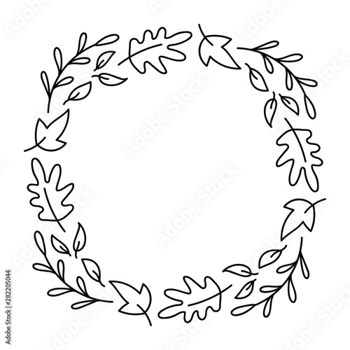 Vector monoline frame autumn bouquet wreath. Leaves, berries and other autumnal elements isolated on white background. Perfect for seasonal holidays, Thanksgiving Day