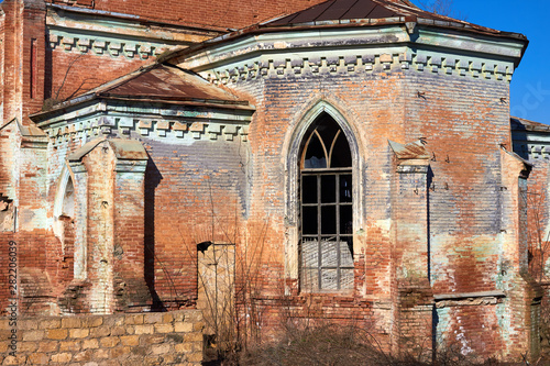 Ruins of ancient Lutheran church in Ukraine. Historic building in 1905 built first German settlers destroyed by vandals of proletariat during revolution in Russia in 20th century. © watcherfox