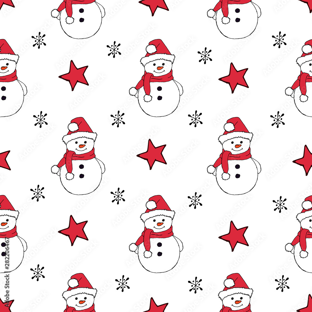 Christmas seamless pattern with snowman, fir trees and snowflakes. Perfect for wallpaper, wrapping paper, pattern fills, winter greetings, web page background Christmas seamless pattern with snowman, fir trees and snowflakes. Perfect for wallpaper, wrapping paper, pattern fills, winter greetings, web page background