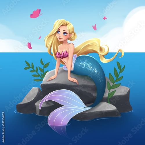 Фотография Cute mermaid with blonde hair and blue tail sitting on stone