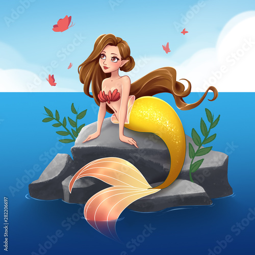 Obraz Syrenka  cute-mermaid-with-brown-hair-and-golden-tail-sitting-on-stone-hand-drawn-cartoon-illustration-isolated-on-white