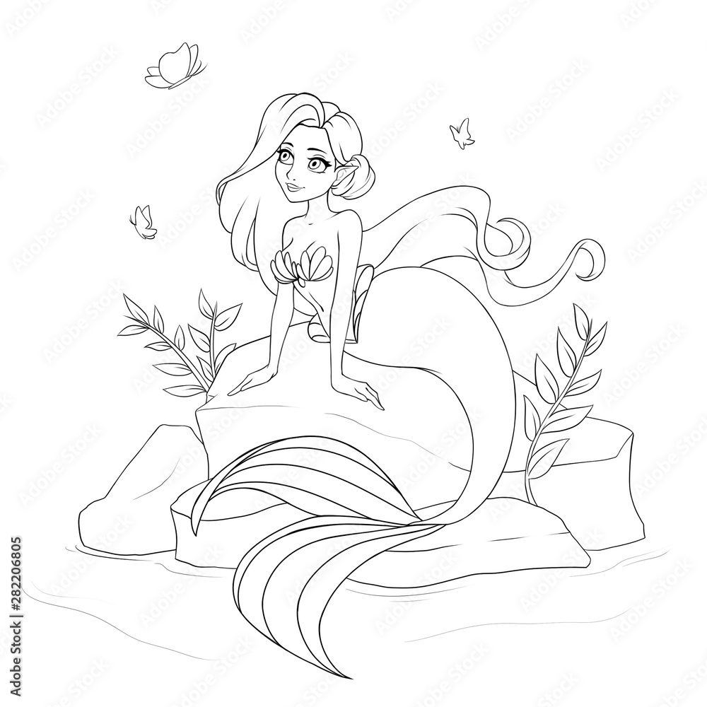 Plakat Cute mermaid sitting on stone. Hand drawn cartoon illustration. Isolated on white.