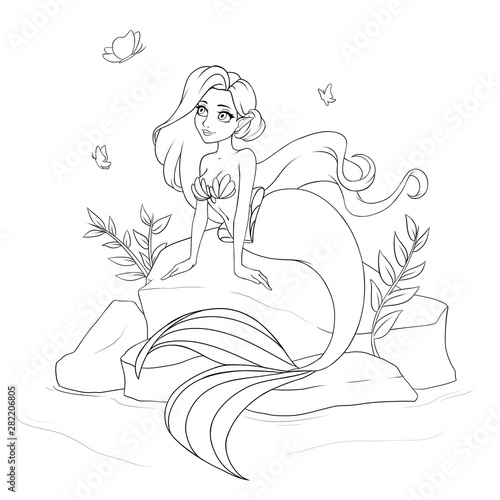 Canvastavla Cute mermaid sitting on stone