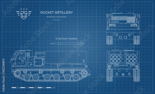 Outline blueprint of missile vehicle. Rocket artillery. Side, front and back view. Drawing of military tractor with jet weapon. Camouflage tank