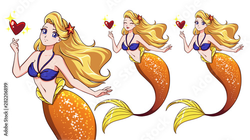 Pretty anime mermaid holding magical heart. Blonde hair and shiny golden fish tail.