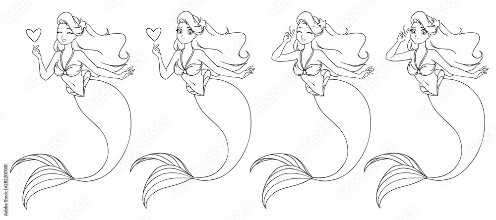 Pretty anime mermaid holding a heart and using V sign. Open and closed eyes versions. Pretty anime mermaid holding a heart and using V sign. Open and closed eyes versions.