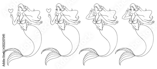 Pretty anime mermaid holding a heart and using V sign. Open and closed eyes versions.