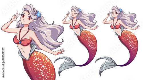 Pretty anime mermaid using a V sign. Silver hair and shiny coral fish tail.