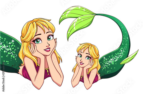 Pretty cartoon lying mermaid. Blonde hair and shiny green fish tail.