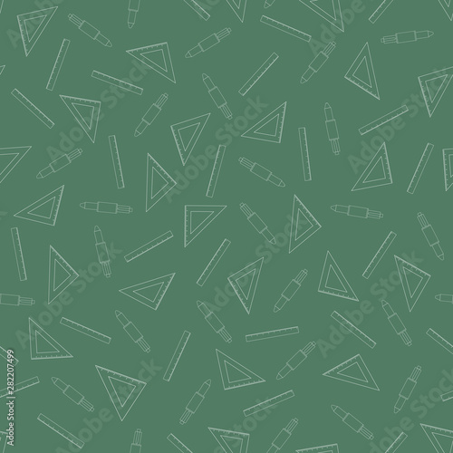 Back to school seamless pattern. White school supplies - ruler, pen and сosine on green background.
