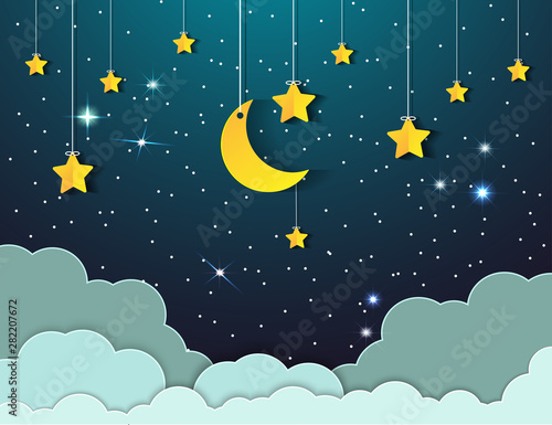 night sky with stars and moon. paper art style.Vector of a crescent moon with stars on a cloudy night sky. Moon and stars background.Vector EPS 10.
