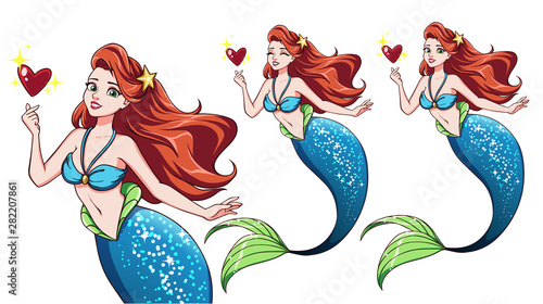 Pretty cartoon mermaid holding magical heart. Red hair and shiny blue fish tail.