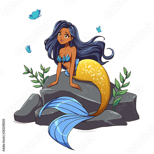 Cute mermaid with black hair and golden tail sitting on stone.