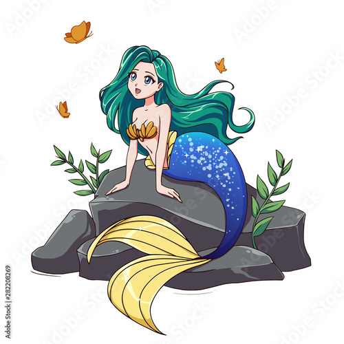 Obraz Syrenka  cute-mermaid-with-green-hair-and-blue-tail-sitting-on-stone