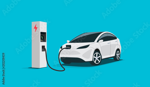 Modern electric smart suv car charging parking at the charger station with a plug in cable. Isolated flat vector illustration concept on white background. Electrified future transportation e-motion.