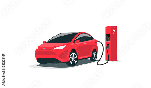 Modern electric smart suv car charging parking at the charger station with a plug in cable. Isolated flat vector illustration concept on white background. Electrified future transportation e-motion.