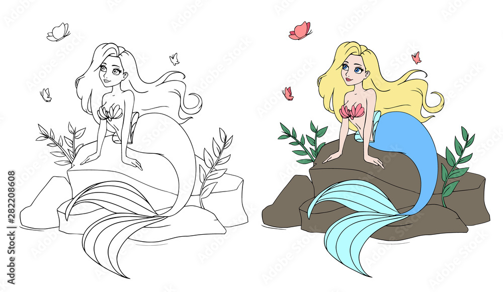 Plakat Cute mermaid with blonde hair and blue tail sitting on stone.