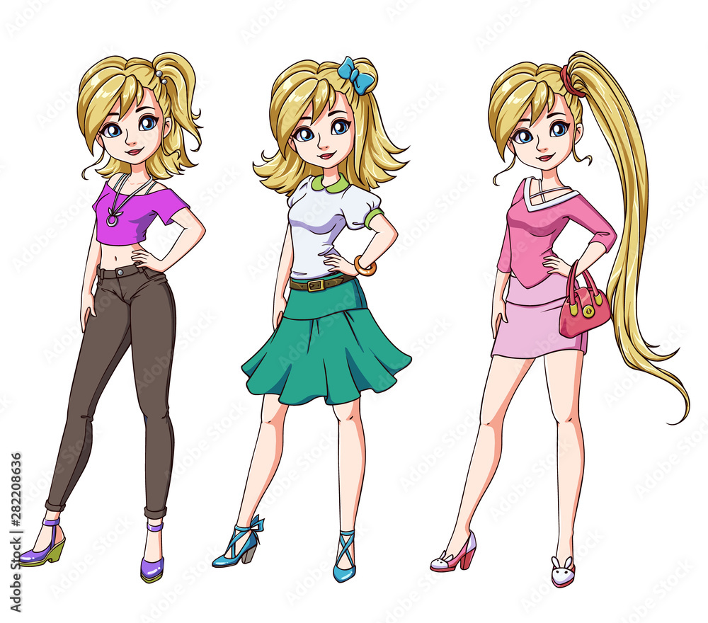 Set of three cute blondie girls with different haircuts and clothes. Hand drawn cartoon illustration. Can be used for coloring books, paper dolls, mobile games, study etc. Set of three cute blondie girls with different haircuts and clothes. Hand drawn cartoon illustration. Can be used for coloring books, paper dolls, mobile games, study etc.