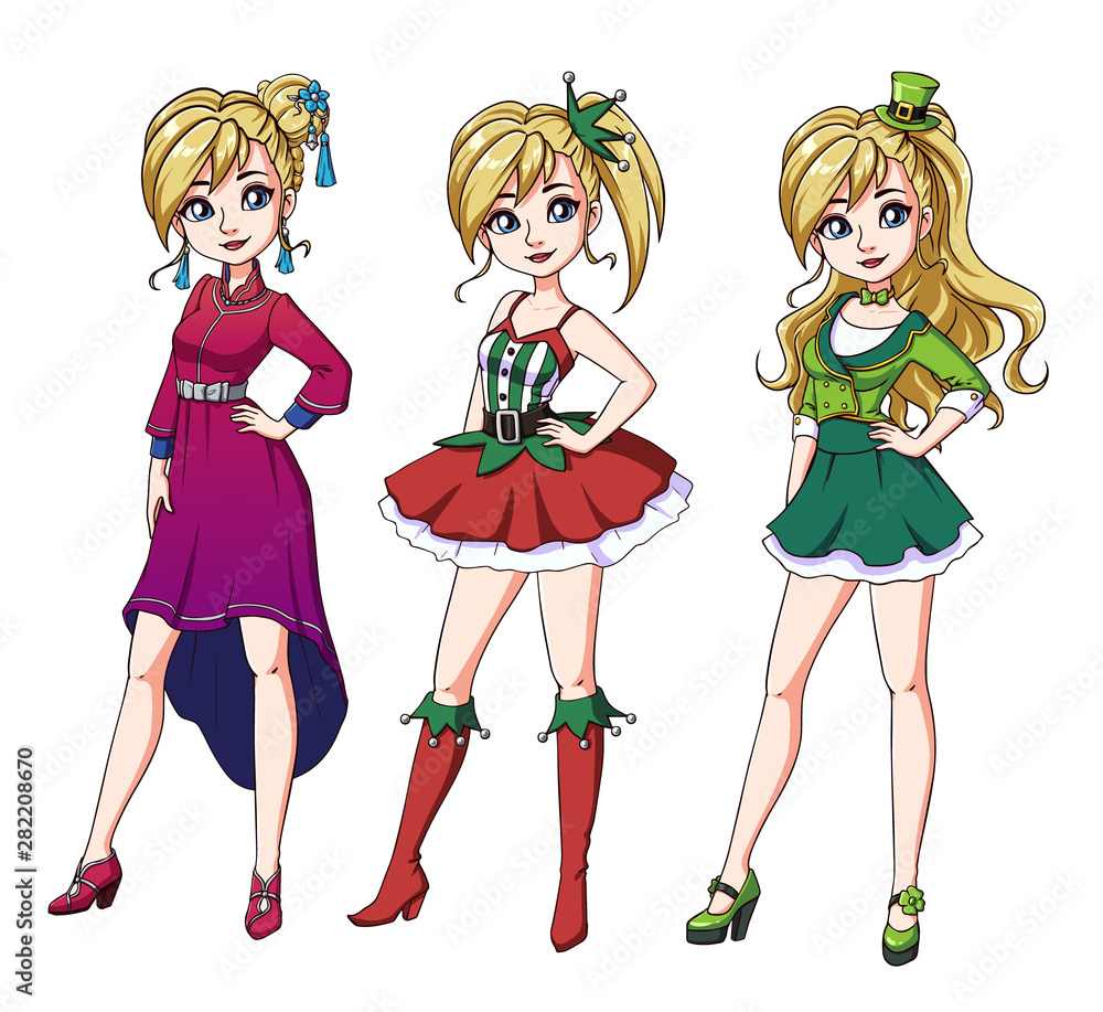 Set of three cute blondie girls with celebration haircuts and clothes. Hand drawn cartoon illustration. Can be used for coloring books, paper dolls, mobile games, study, cards etc. Set of three cute blondie girls with celebration haircuts and clothes. Hand drawn cartoon illustration. Can be used for coloring books, paper dolls, mobile games, study, cards etc.