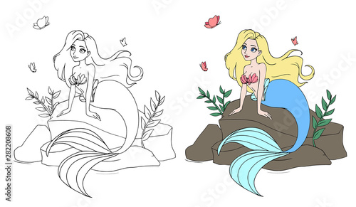 Cute mermaid with blonde hair and blue tail sitting on stone.