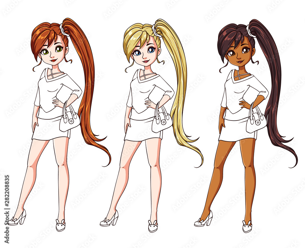 Set of three different girls wearing shirt and skirt. Colored body with white costume. Hand drawn cartoon illustration. Can be used for coloring books, paper dolls, ,obile games, study etc. Set of three different girls wearing shirt and skirt. Colored body with white costume. Hand drawn cartoon illustration. Can be used for coloring books, paper dolls, ,obile games, study etc.