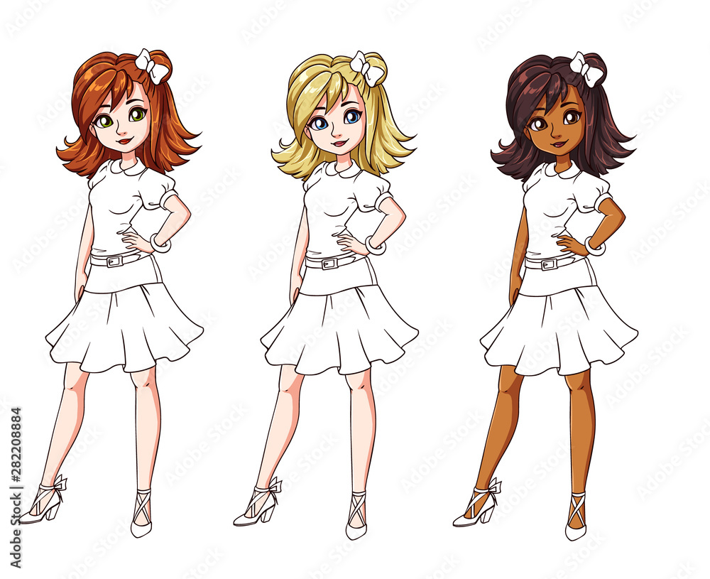 Set of three different girls wearing shirt and skirt. Colored body with white costume. Hand drawn cartoon illustration. Can be used for coloring books, paper dolls, mobile games, study etc.